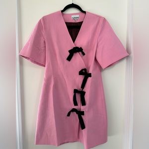 Ganni Asymmetric Mini Dress - Pink mini with black ties/bows - size 6